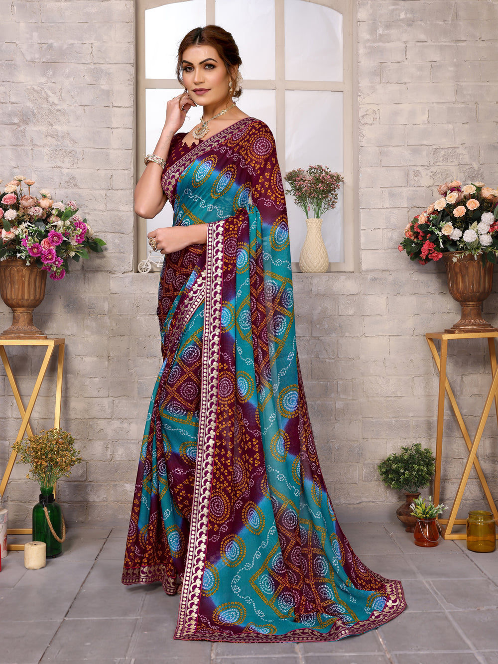 TARSHIKA BROWN FLORAL GEORGETTE SAREE WITH LACE