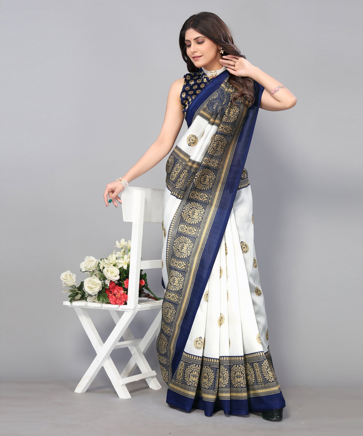 TARSHIKA NAVY FLORAL PRINT MYSORE ARTSILK SAREE