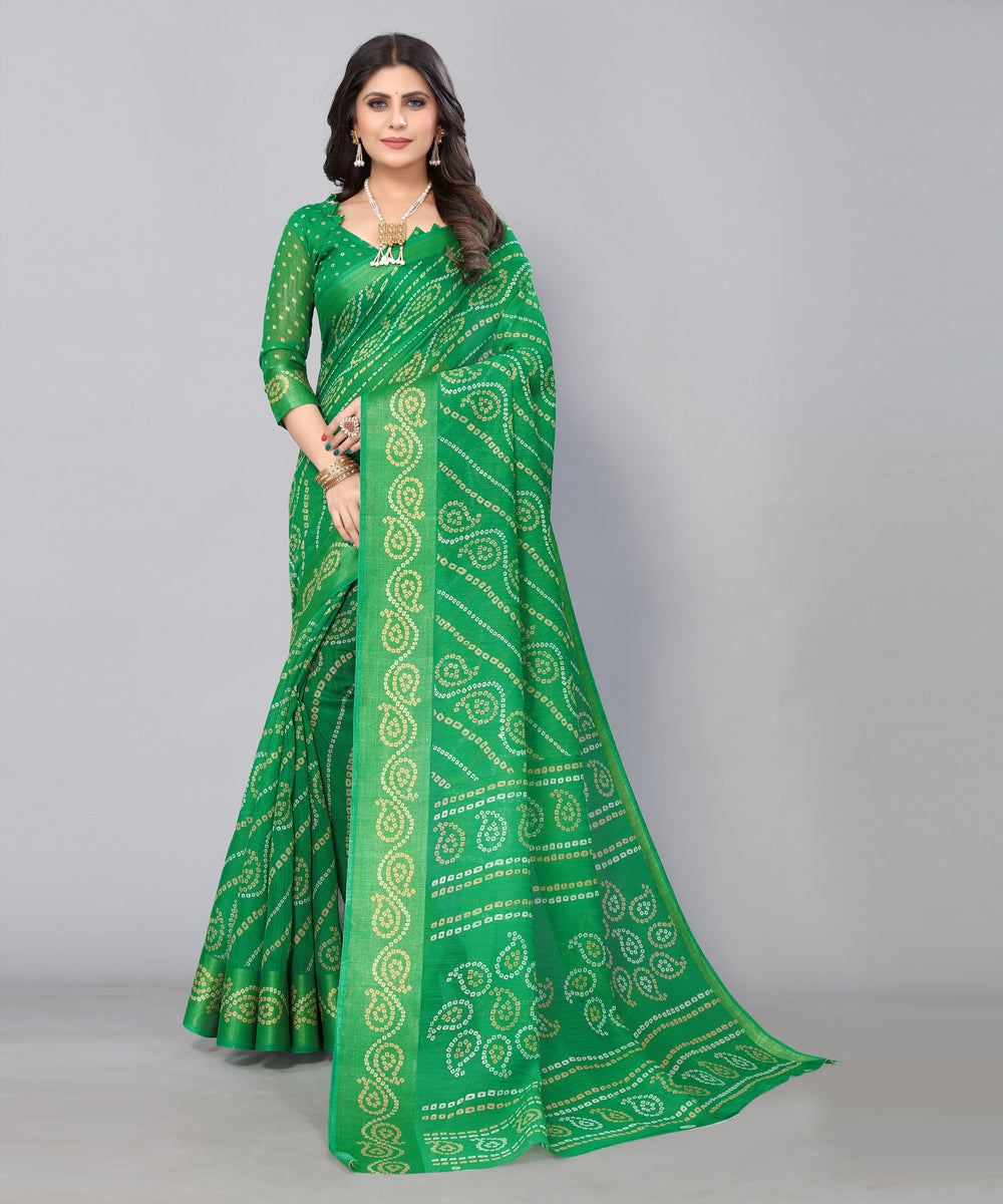 TARSHIKA GREEN LINEN JARI FLORAL PRINTED SAREE