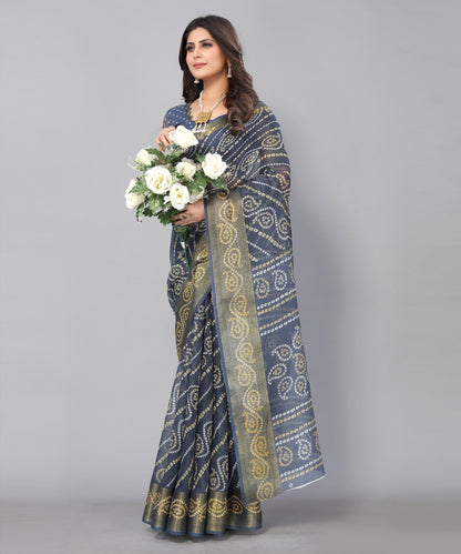 TARSHIKA GREY LINEN JARI FLORAL PRINTED SAREE
