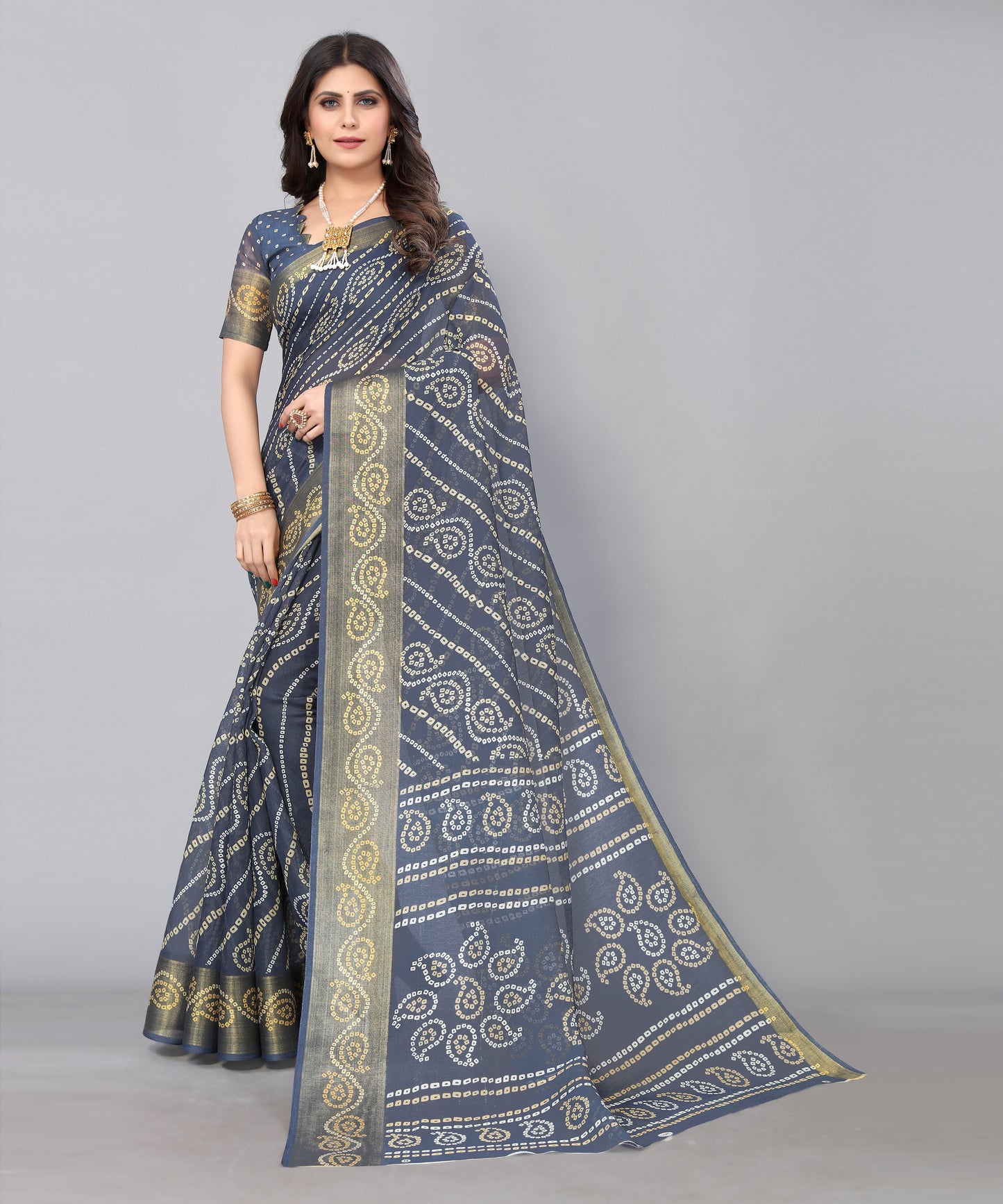 TARSHIKA GREY LINEN JARI FLORAL PRINTED SAREE