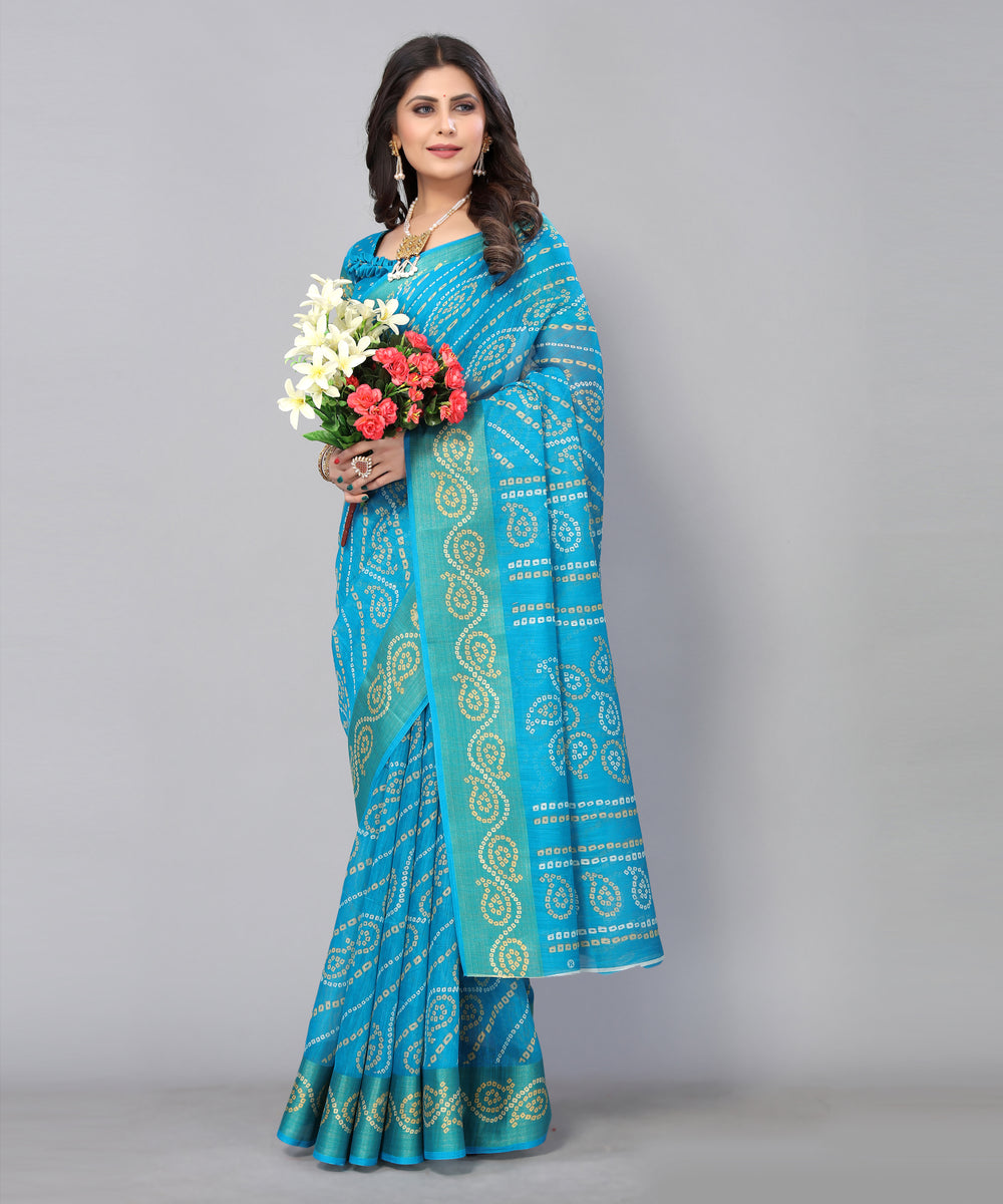 TARSHIKA BLUE LINEN JARI FLORAL PRINTED SAREE