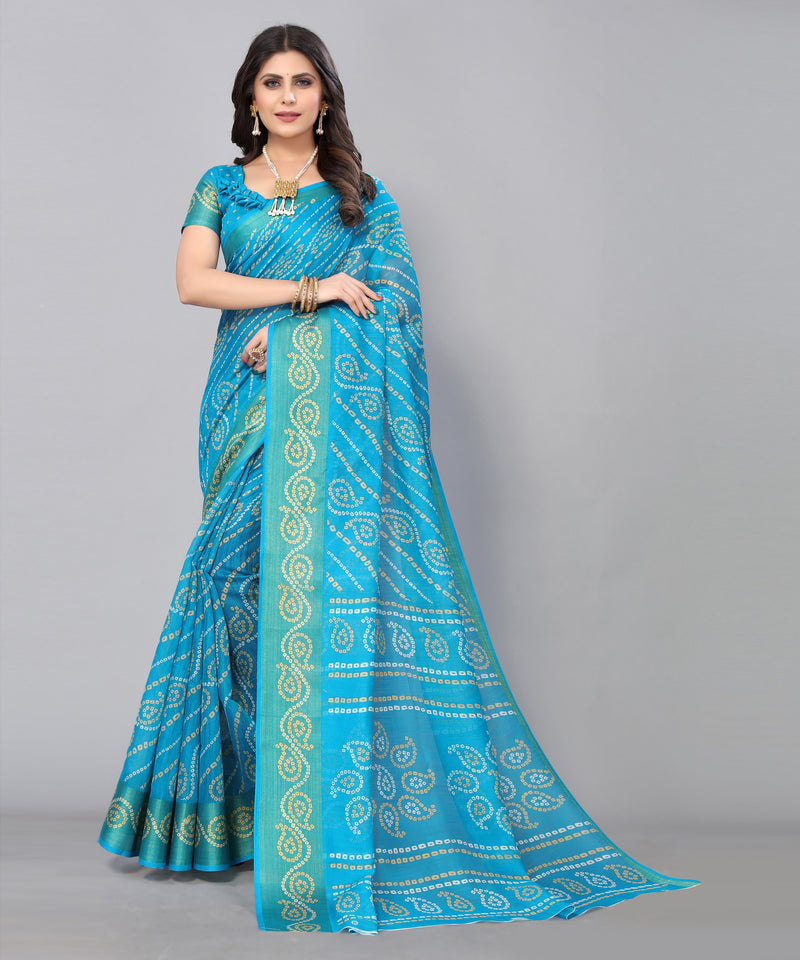 TARSHIKA BLUE LINEN JARI FLORAL PRINTED SAREE
