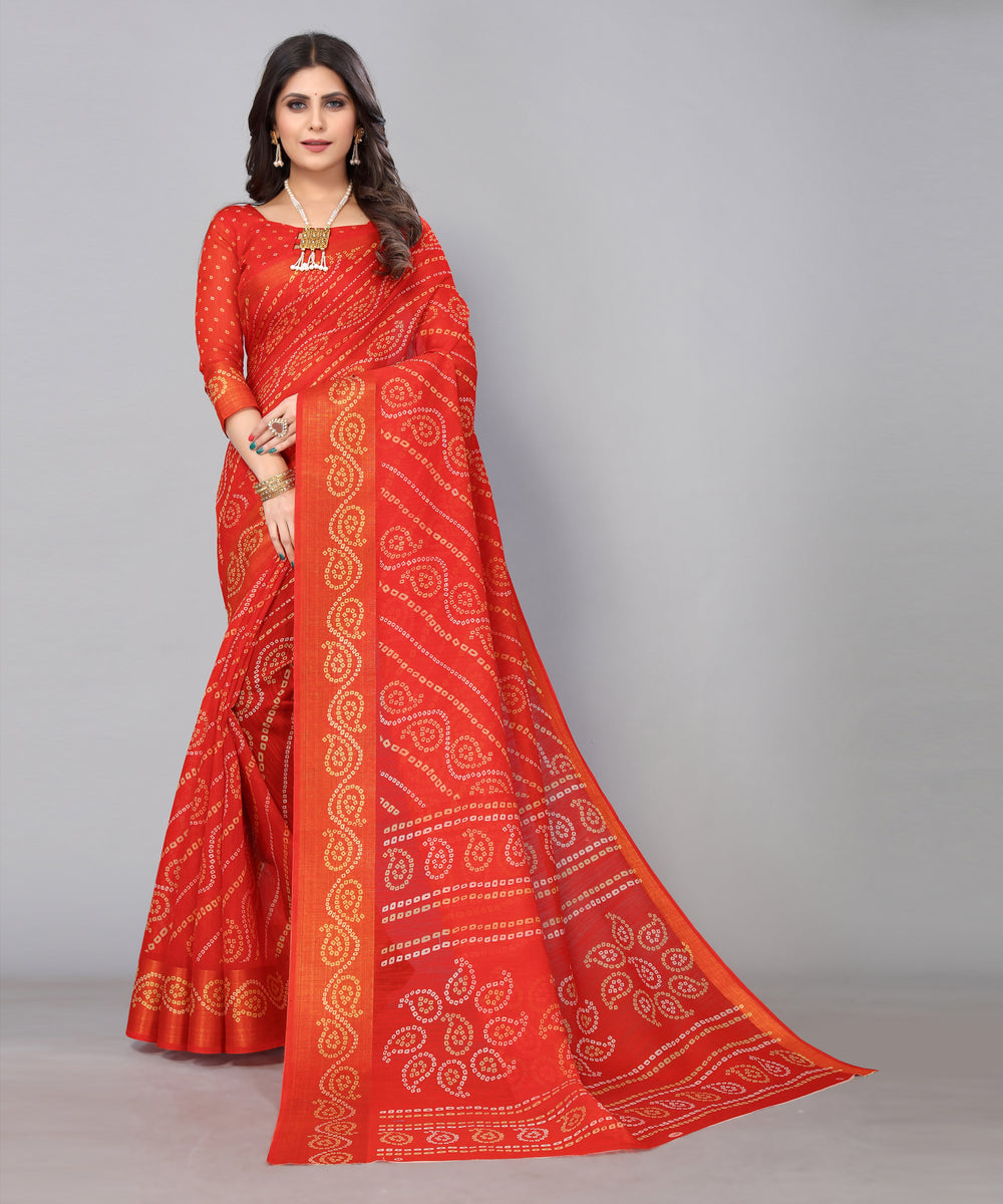 TARSHIKA RED LINEN JARI FLORAL PRINTED SAREE