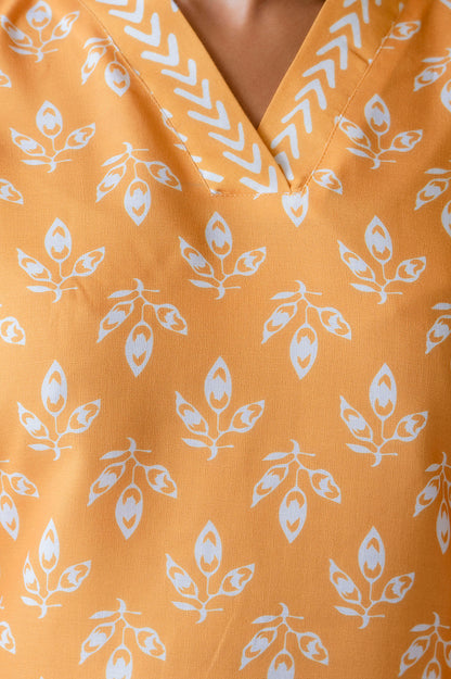 TARSHIKA MUSTARD FLORAL COTTON BLEND KURTA WITH AFGHANI PANT SET