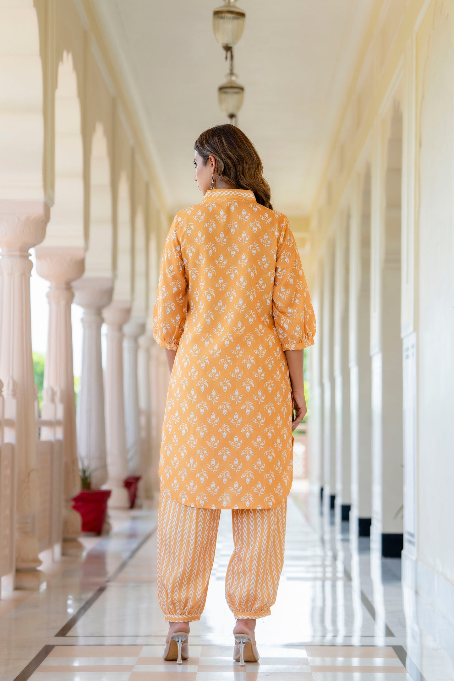 TARSHIKA MUSTARD FLORAL COTTON BLEND KURTA WITH AFGHANI PANT SET