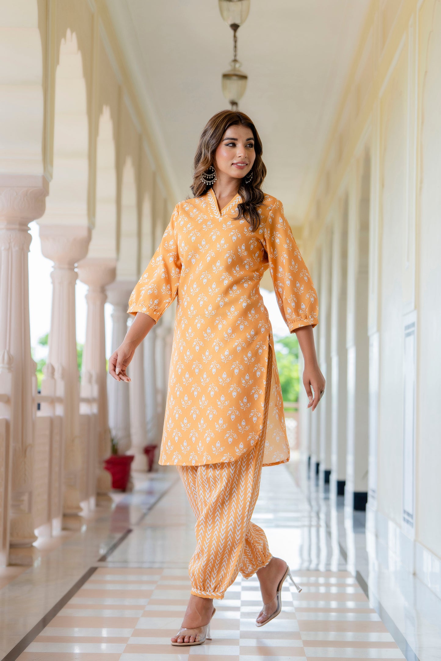 TARSHIKA MUSTARD FLORAL COTTON BLEND KURTA WITH AFGHANI PANT SET