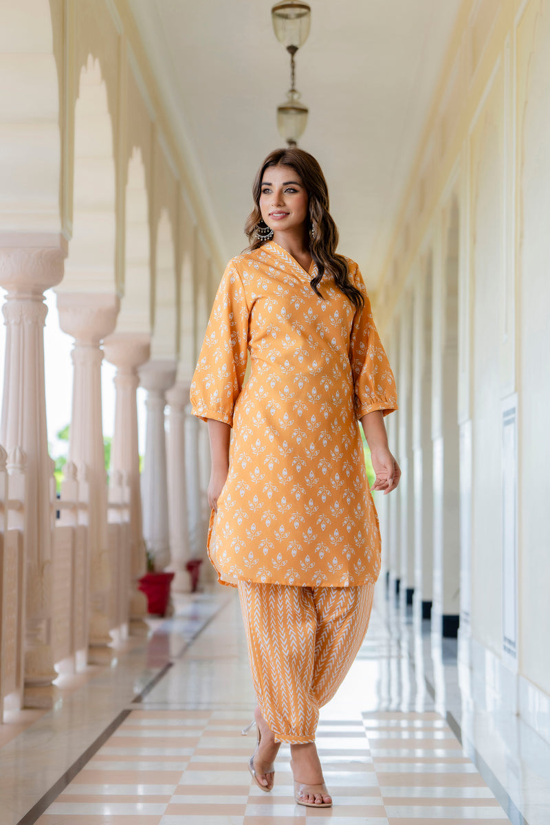TARSHIKA MUSTARD FLORAL COTTON BLEND KURTA WITH AFGHANI PANT SET
