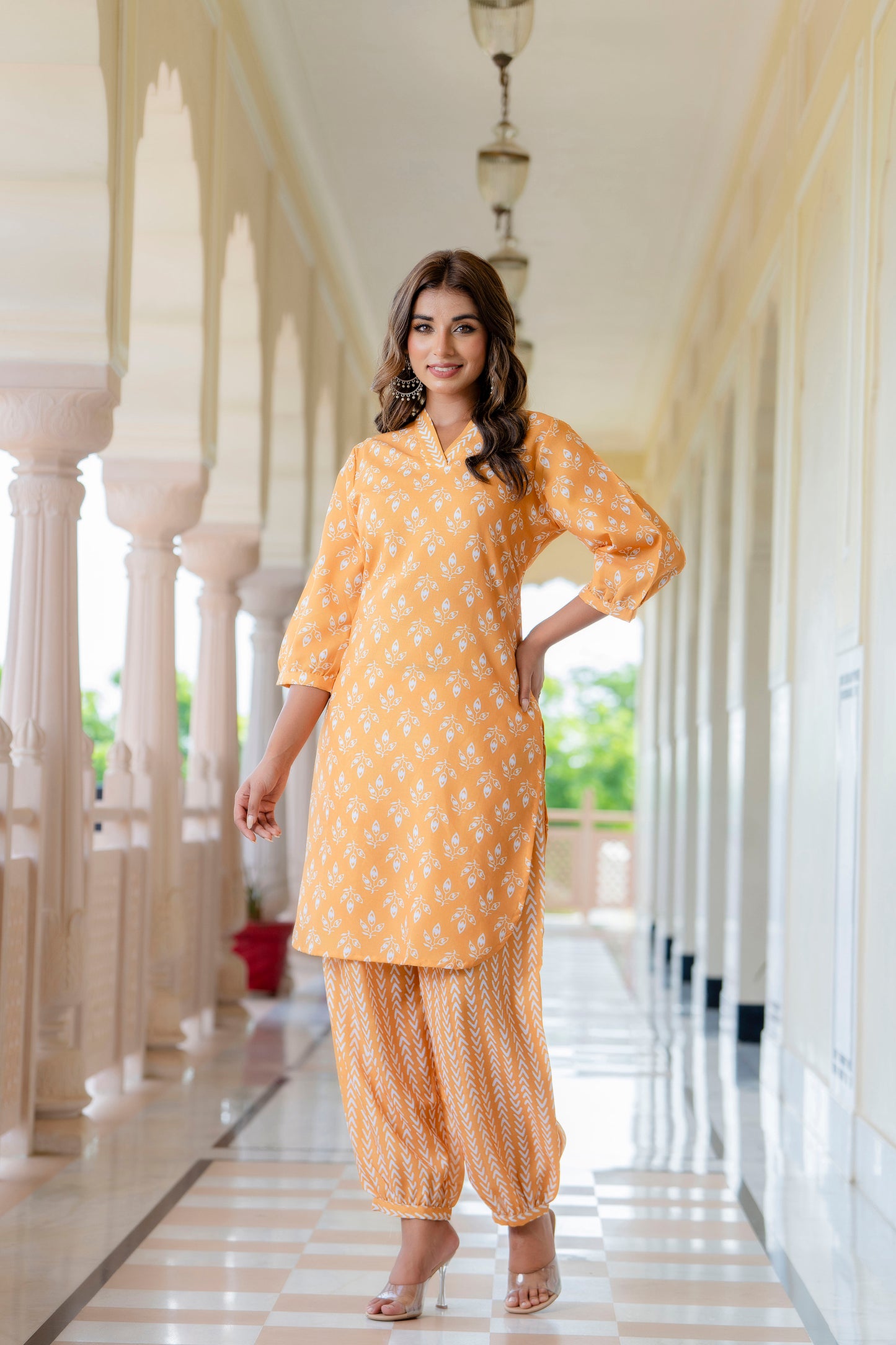TARSHIKA MUSTARD FLORAL COTTON BLEND KURTA WITH AFGHANI PANT SET