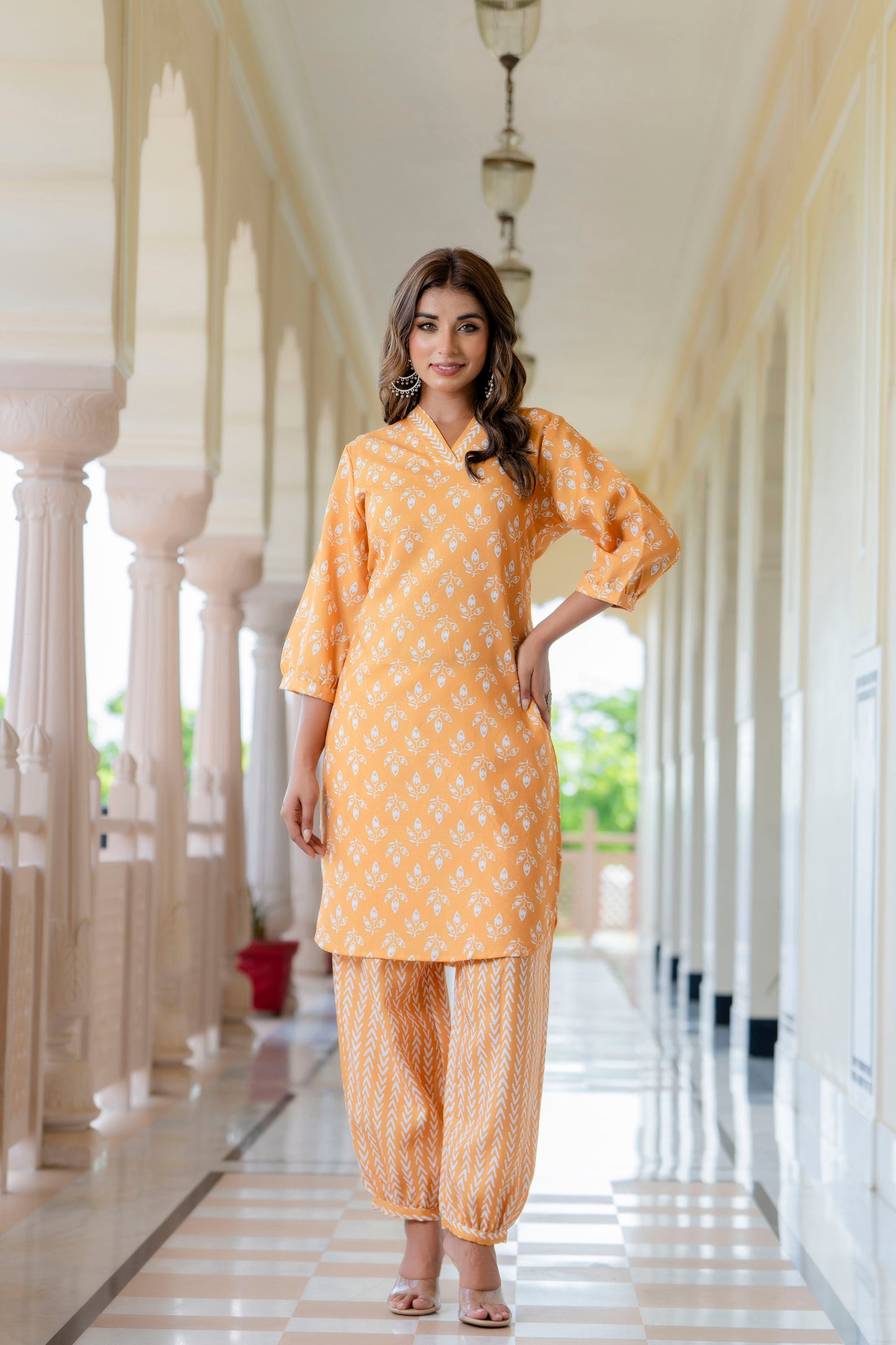 TARSHIKA MUSTARD FLORAL COTTON BLEND KURTA WITH AFGHANI PANT SET