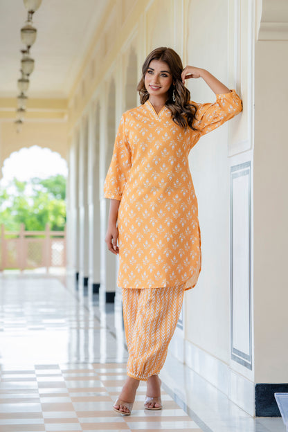 TARSHIKA MUSTARD FLORAL COTTON BLEND KURTA WITH AFGHANI PANT SET
