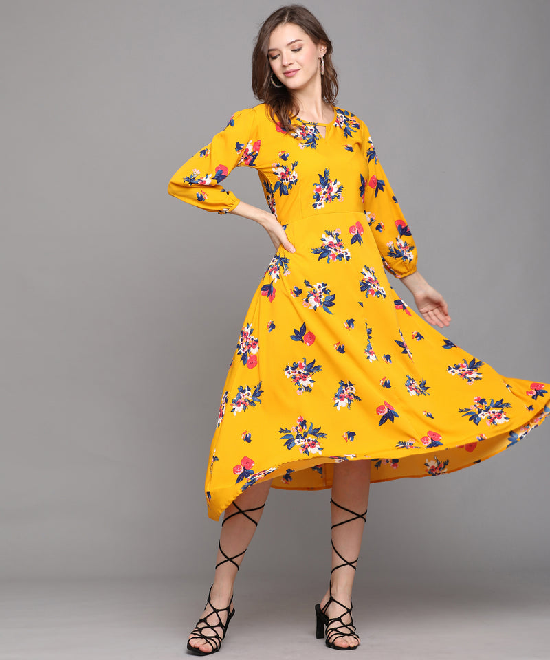 AMBER BLOOM MUSTARD FLORAL CREPE A-LINE MAXI DRESS