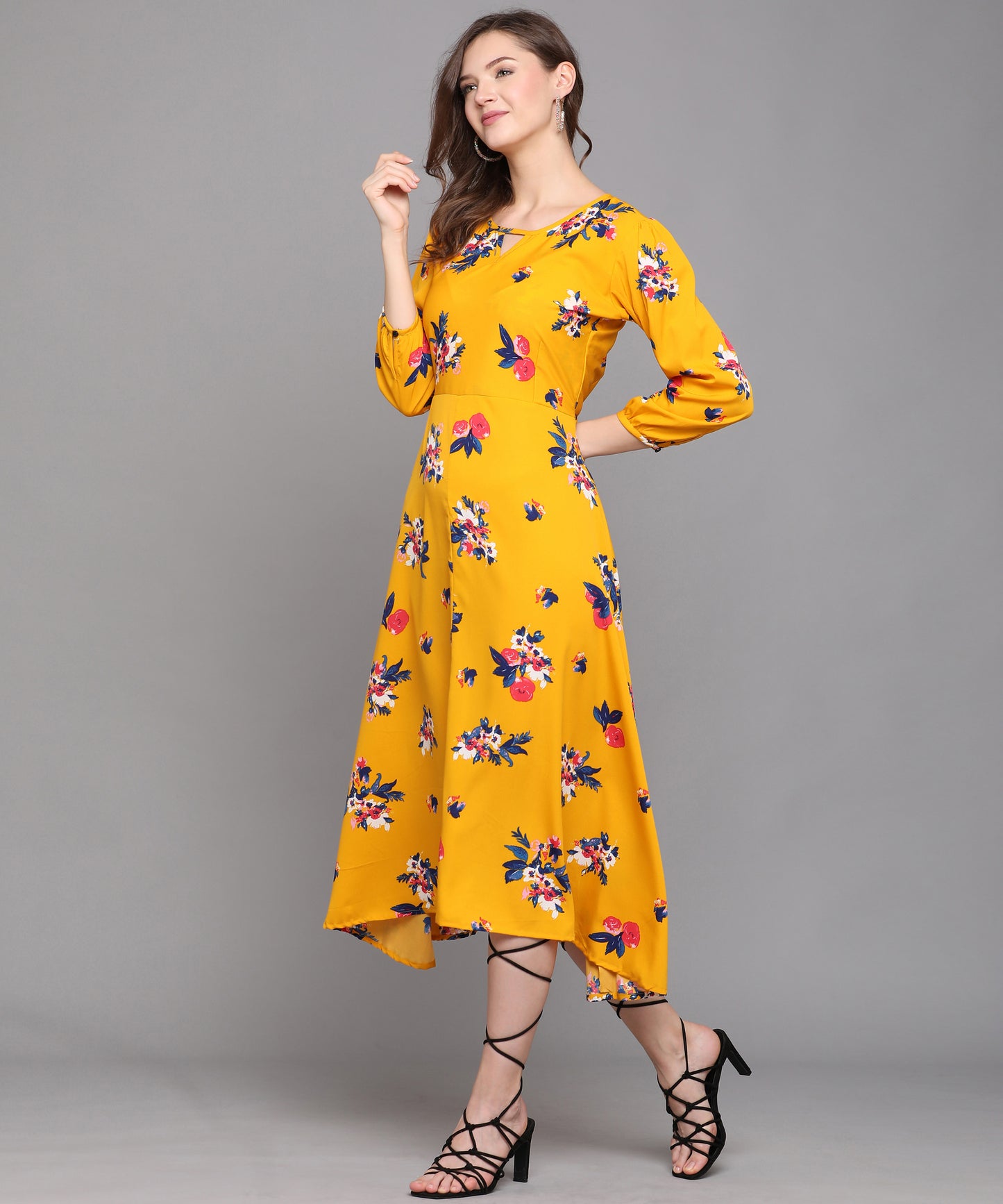 AMBER BLOOM MUSTARD FLORAL CREPE A-LINE MAXI DRESS