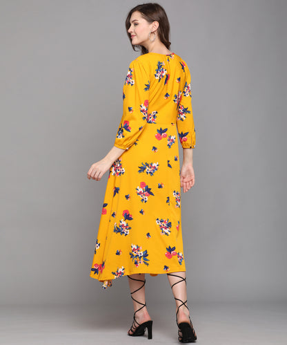 AMBER BLOOM MUSTARD FLORAL CREPE A-LINE MAXI DRESS
