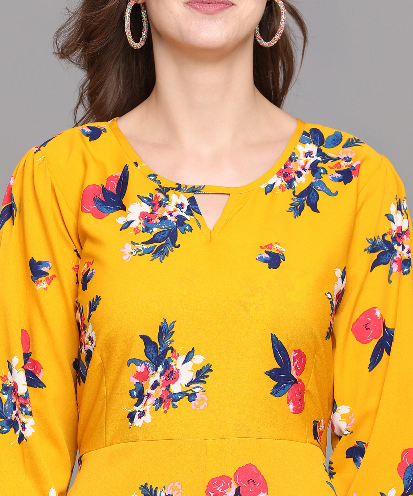 AMBER BLOOM MUSTARD FLORAL CREPE A-LINE MAXI DRESS