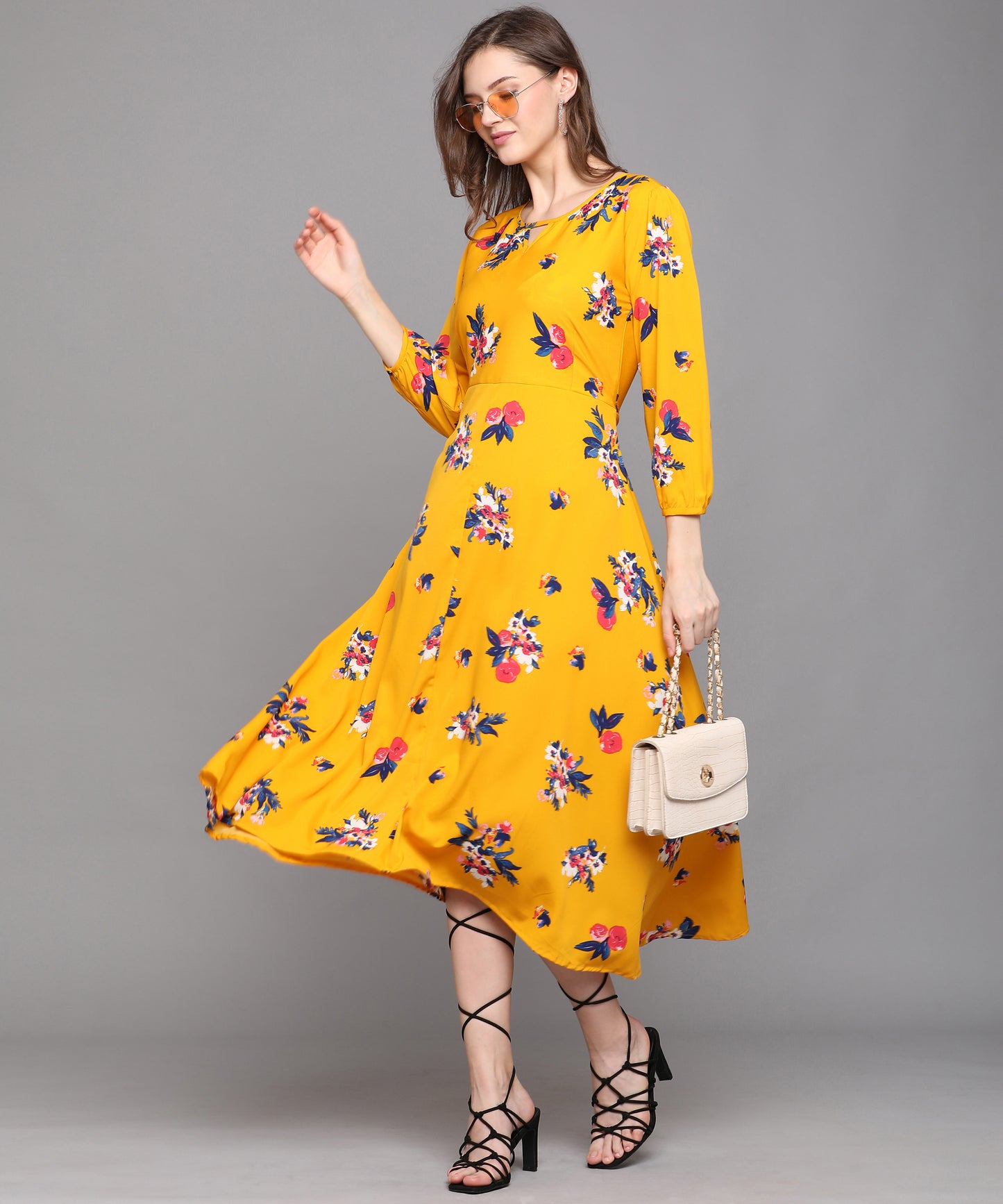AMBER BLOOM MUSTARD FLORAL CREPE A-LINE MAXI DRESS